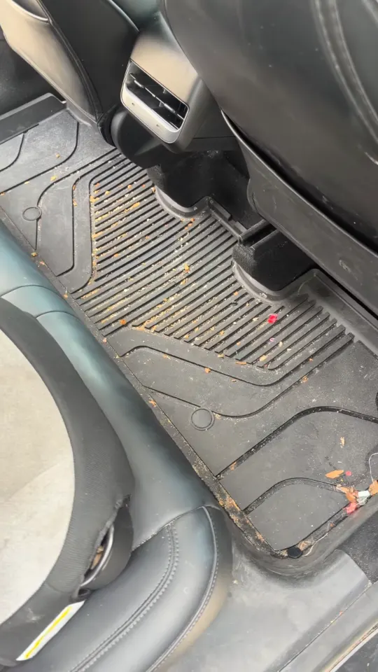 Close view of a Tesla floor mat covered in dirt and debris before cleaning