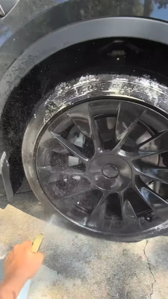 Cleaning a black Tesla wheel and tire